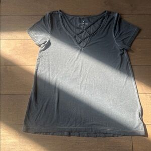 Charcoal Short Sleeve Tee with Criss-Cross Neckline